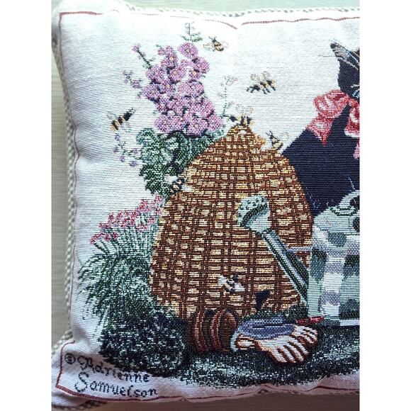 PILLOW-TAPESTRY-ADRIENNE SAMUELSON-Cat-Garden-Bees-Butterfly-Country-12" x 12" - Picture 8 of 14